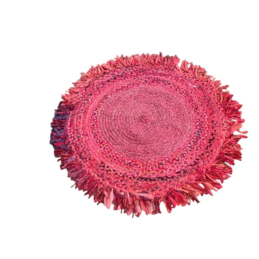 NWOT Handmade Braided Multi Color Block‎ Rag Rug With Fringe Round Rug, - Picture 4 of 12